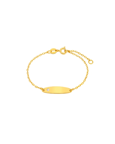 Pulsera con plaquita grabable y circonita en plata de ley 925 bañada en oro de 18k. Cadena 12 + 2 cm y cierre de reasa. Elegante