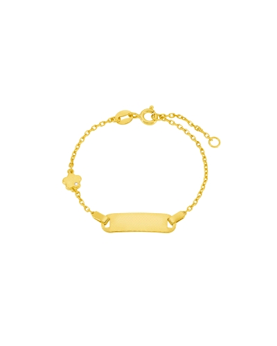 Pulsera flor con plaquita grabable en plata de ley 925 bañada en oro de 18k, con circonita y cierre de reasa. Cadena 12+2 cm, pl