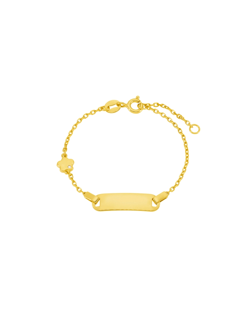 Pulsera flor con plaquita grabable en plata de ley 925 bañada en oro de 18k, con circonita y cierre de reasa. Cadena 12+2 cm, pl