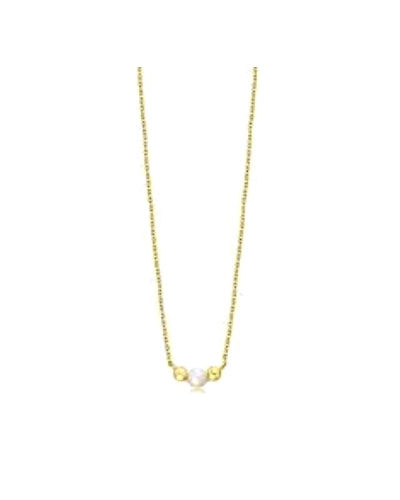 Gargantilla Lecarré fabricada en oro 750 amarillo. Motivo minimalista de dos bolitas y perla cultivada de 3mm en el medio. La ca