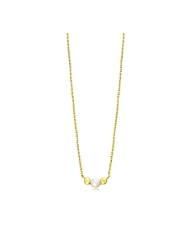 Gargantilla Lecarré fabricada en oro 750 amarillo. Motivo minimalista de dos bolitas y perla cultivada de 3mm en el medio. La ca
