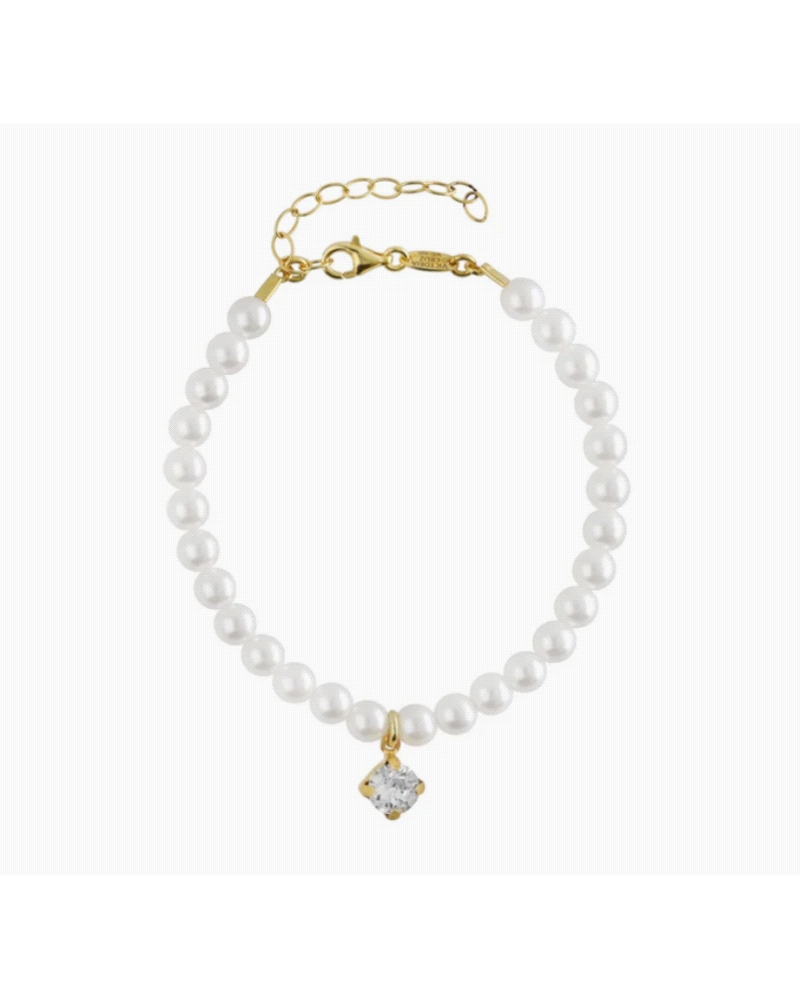 Pulsera con cristal y perlas de Plata de Ley. Largo de la cadena 16-19cm, tamaño de la perla 5mm, tamaño del motivo 6mm, con cie