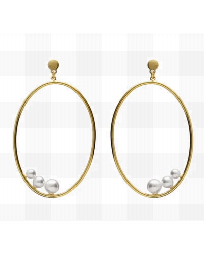 Pendientes largos de Plata de Ley bañada en Oro de 18kt con perlas. Tamaño motivo: 5,5cm x 3,3cm, tamaño perla: 3, 5, 6mm con fo