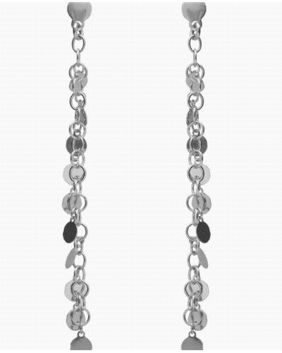 Pendientes largos de Plata de Ley. Largo motivo: 6cm con forma de mini círculos y cierre de tuerca a presión de la colección Mus