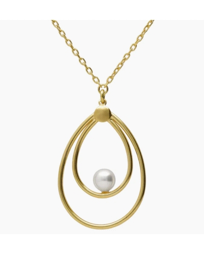 Collar largo de Plata de Ley bañada en Oro de 18kt con perla. Tamaño motivo: 3,2cm x 2cm, tamaño perla: 5mm con forma gota. Larg