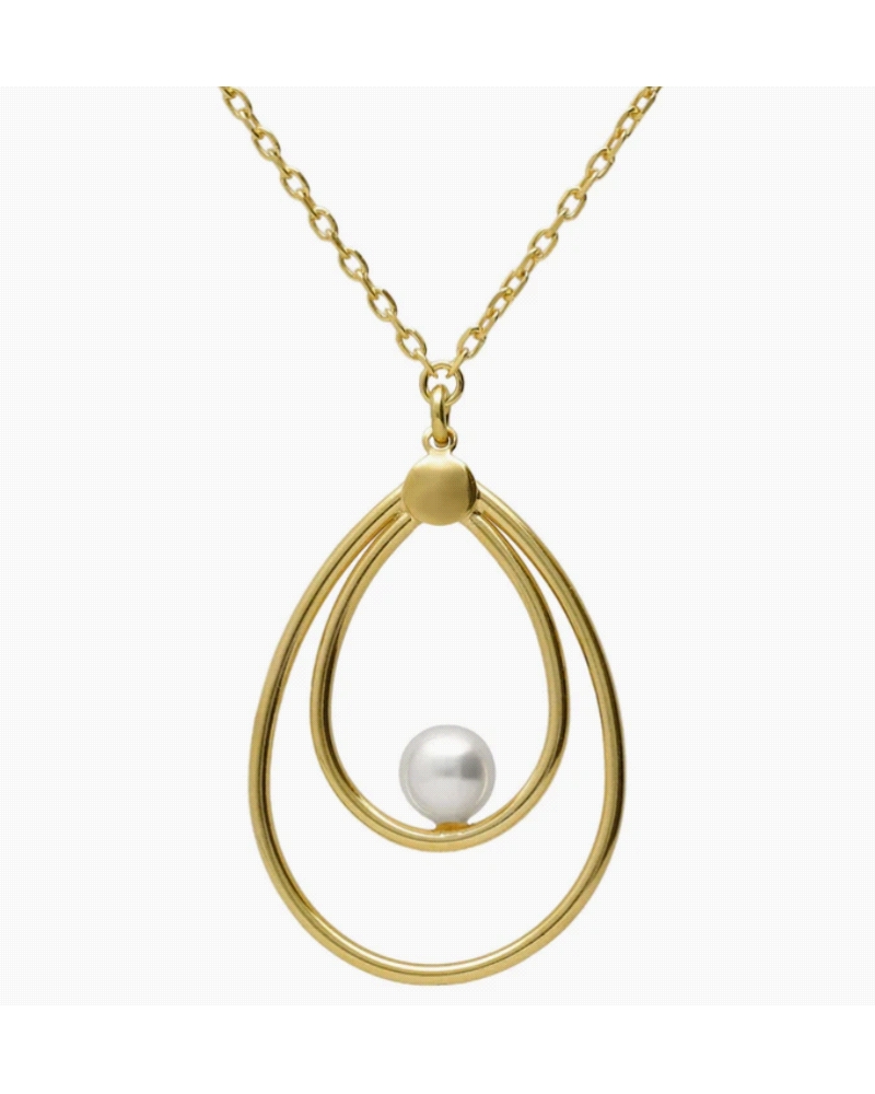 Collar largo de Plata de Ley bañada en Oro de 18kt con perla. Tamaño motivo: 3,2cm x 2cm, tamaño perla: 5mm con forma gota. Larg