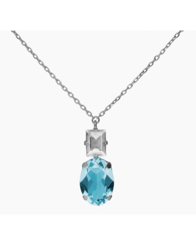 Collar corto con cristal de Plata de Ley bañada en Rodio y oval en color azul. Largo de 40-45cm con cierre reasa y cadena diaman