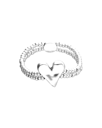 Pulsera UNOde50 para mujer modelo Pálpito compuesta por 2 cadenas de bolas bañadas en plata con un corazón en su parte central.