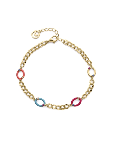 Esta pulsera de plata de primera ley con baño de oro destaca por su diseño lleno de color y elegancia. Los círculos adornados co