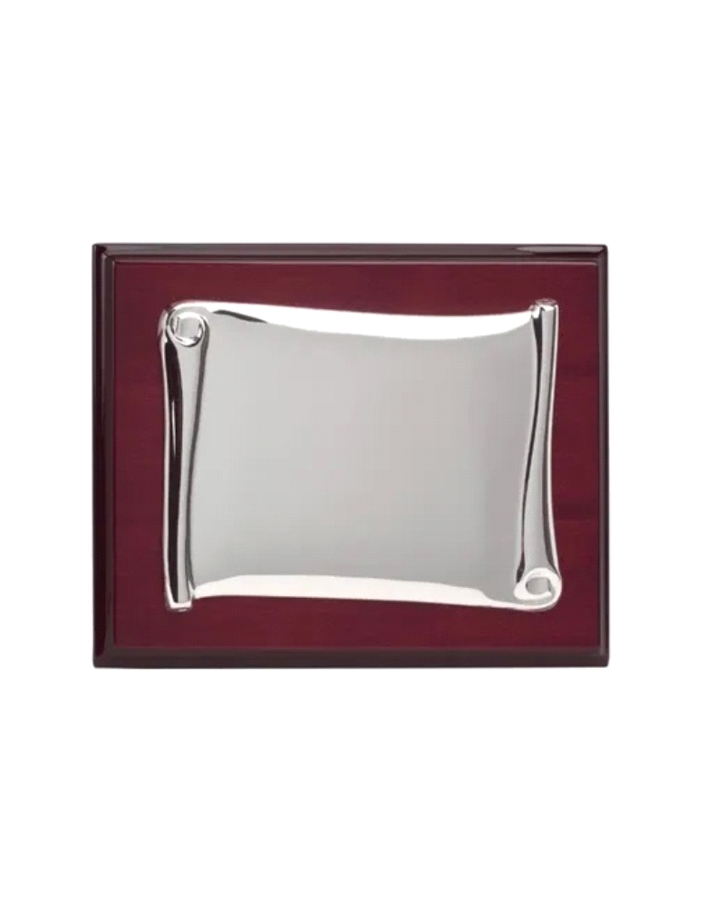 Placa Homenaje Madera-Alpaca 27,8x20,5cm P-4002/2A Pergamino Brillo. Placa de homenaje fabricada en madera y alpaca. Diseño de p