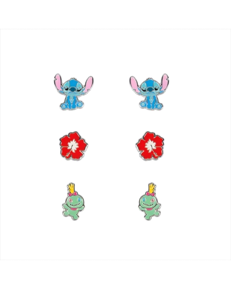Set de pendientes de Stitch/Flor Roja/Scrump de bronce BC0006P (3) unidades de Disney. Con cierre de presión.