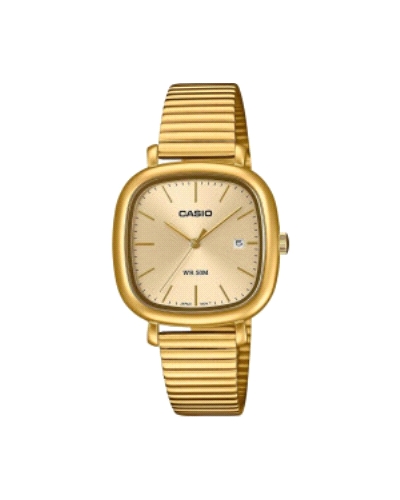Reloj analógico clásico con diseño cuadrado retro. Caja y correa de acero inoxidable dorado, esfera crema/beige elegante. Muy de