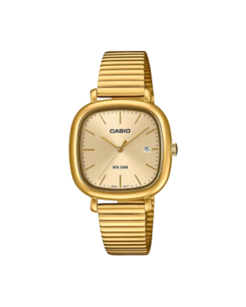 Reloj analógico clásico con diseño cuadrado retro. Caja y correa de acero inoxidable dorado, esfera crema/beige elegante. Muy de