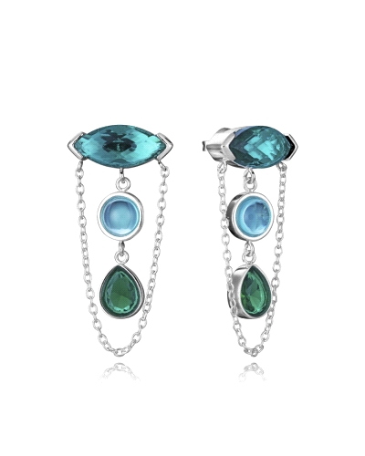 Pendientes en acero chapado en plata 999 con cristales azules y verdes que aportan brillo y color. Su cadena colgante crea un ef