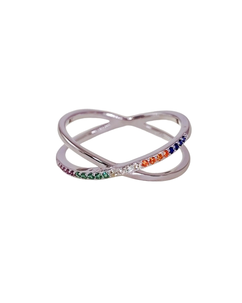 Sortija de plata de ley 925 rodiada con piedras microengastadas de colores ( 7 mm ancho ).