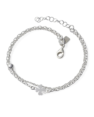 Pulsera de plata de ley 925 con cadena forzada alargada ( 1.90mm ) con motivo trébol ( 7mm ) y cadena forzada ( 1mm ) con bola (