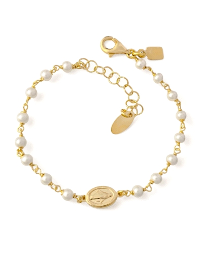 Pulsera de plata de ley 925 chapada con cadena de 13.5 cm de largo + cadena adaptable de 3 cm con perlas ( 3mm ) y medallita Mil