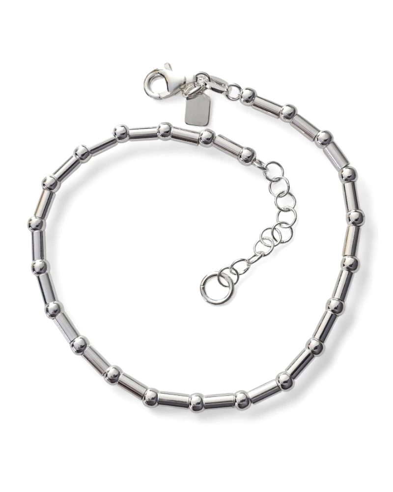 Pulsera de plata de ley 925 de 17 cm de largo + cadena adaptable de 3 cm con motivo de toneles ( 5mm x 2mm ) y bolas ( 3mm ).