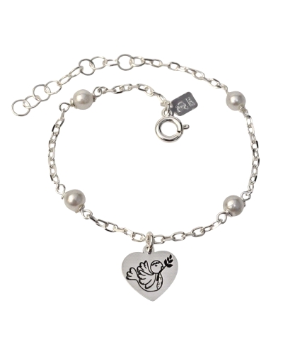 Pulsera de plata de ley 925 de comunión con cadena forzada de 15 cm de largo + cadena adaptable de 3 cm con motivo de corazón ( 