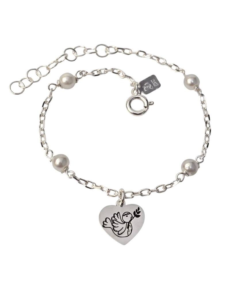 Pulsera de plata de ley 925 de comunión con cadena forzada de 15 cm de largo + cadena adaptable de 3 cm con motivo de corazón ( 