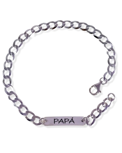 Pulsera de plata de ley 925 de cadena barbada ( 5mm ancho) de 21 cm de largo con chapa ( 24mm x 6mm ) y mensaje "Papá".