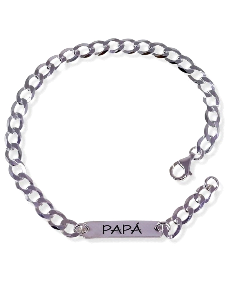 Pulsera de plata de ley 925 de cadena barbada ( 5mm ancho) de 21 cm de largo con chapa ( 24mm x 6mm ) y mensaje "Papá".