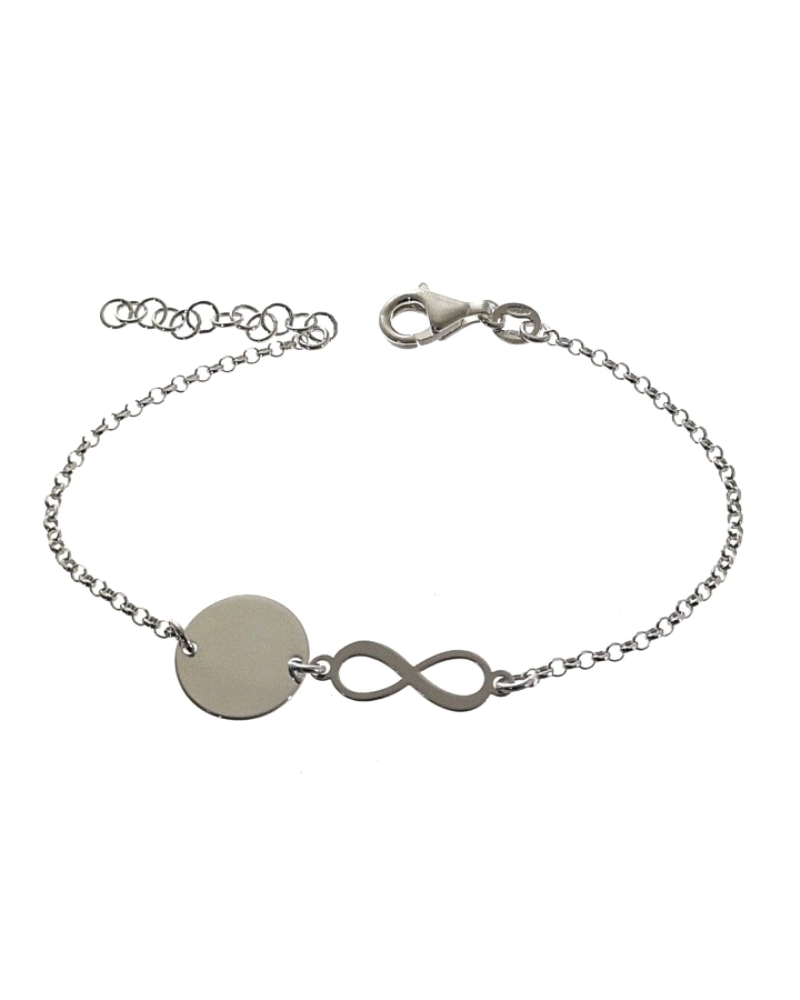 Pulsera de plata de ley 925 con cadena de rolo de 16 cm de largo + cadena adaptable de 3 cm con motivo del infinito y disco.