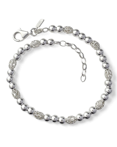 Pulsera de plata de ley 925 de 17 cm de largo + cadena adaptable de 3 cm con motivo de bolas ( 4mm ) y toneles con dibujos calad