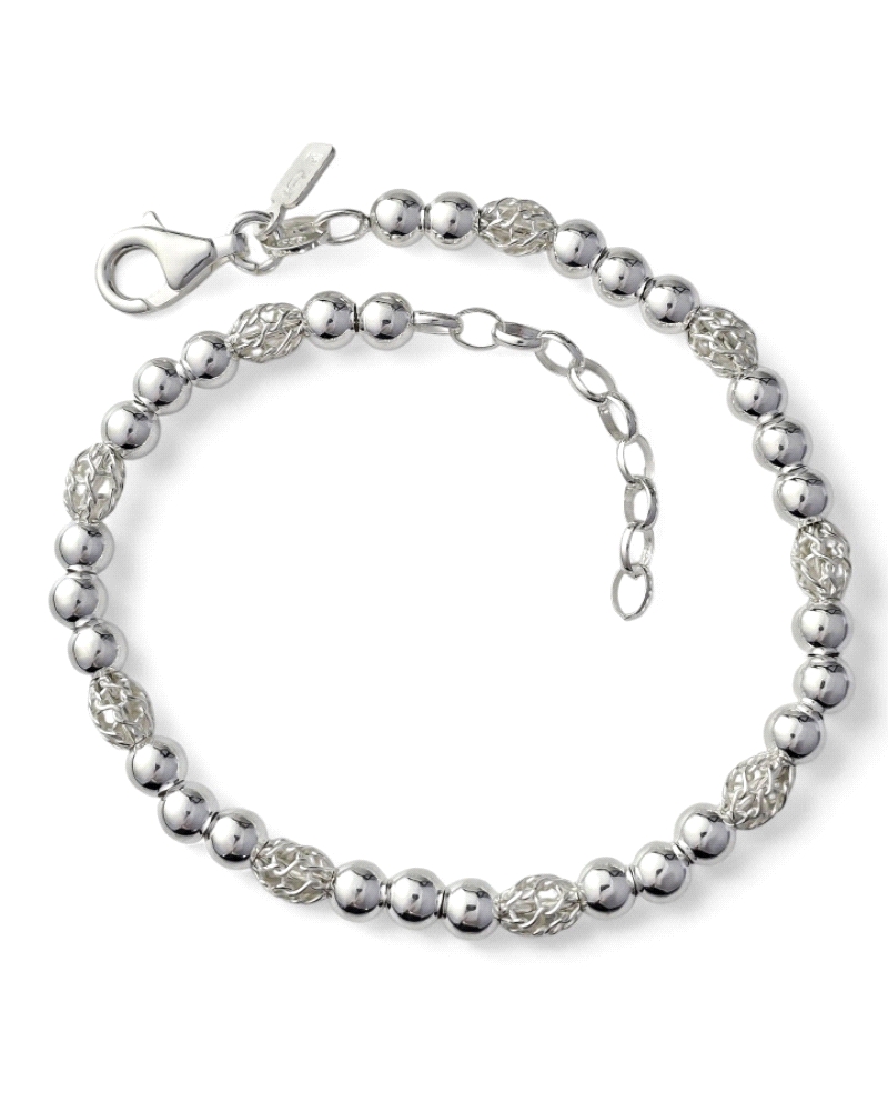 Pulsera de plata de ley 925 de 17 cm de largo + cadena adaptable de 3 cm con motivo de bolas ( 4mm ) y toneles con dibujos calad