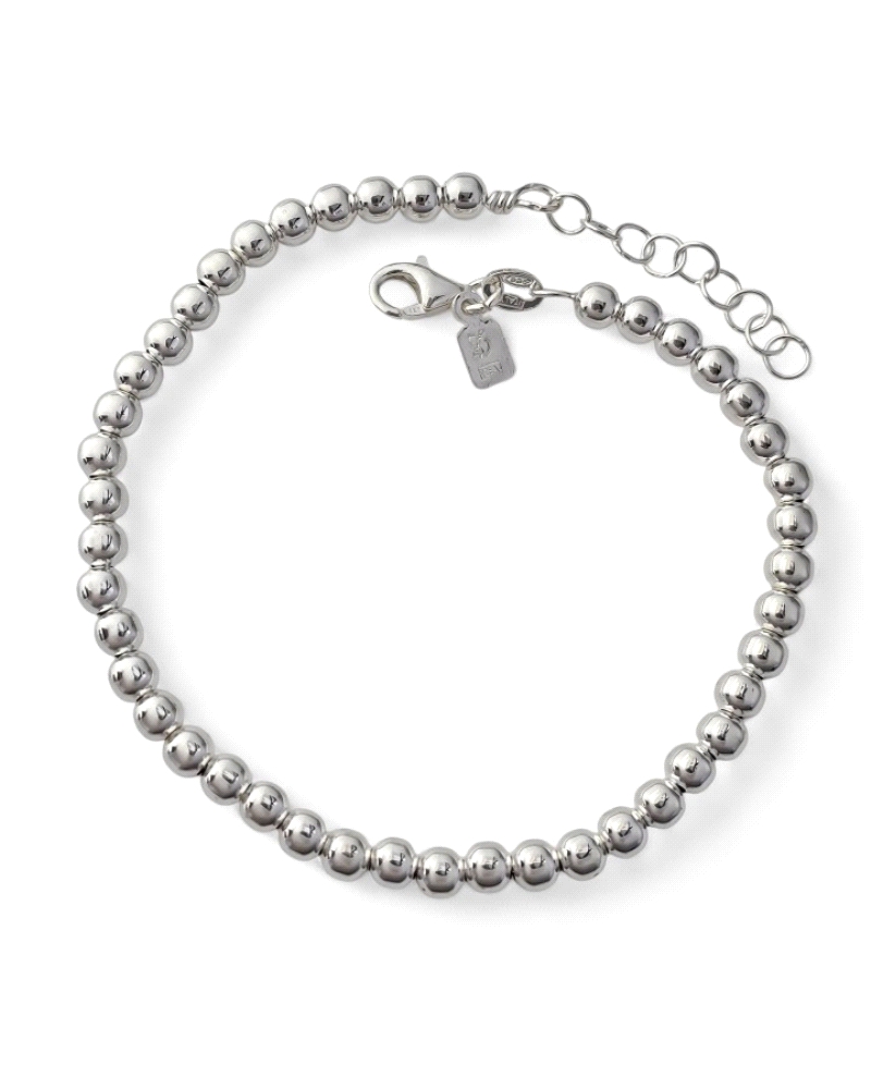 Pulsera de plata de ley 925 de bolas ( 4mm ) de 18.5 cm de largo + cadena adaptable de 2,5 cm.