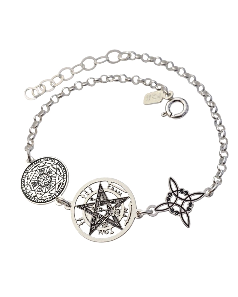 Pulsera de plata de ley 925 con cadena de rolo ( 2.5mm ) de 17 cm de largo + cadena adaptable de 3 cm con amuleto de nudo de bru