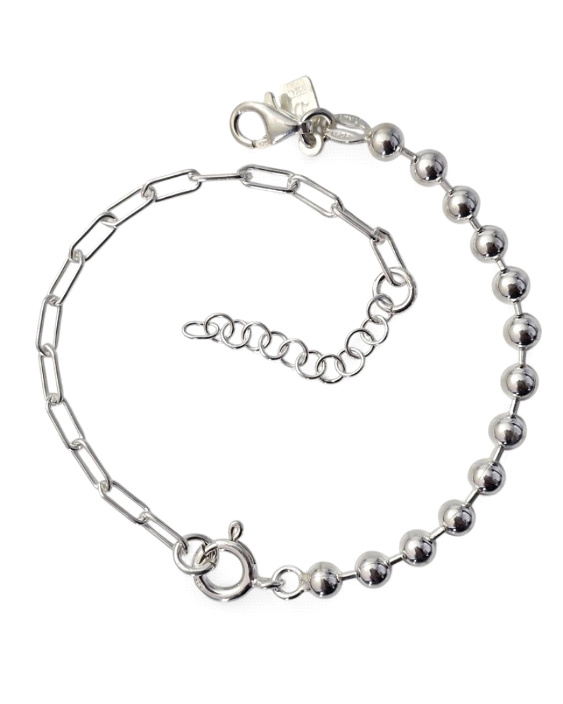 Pulsera de plata de ley 925 con cadena combinada forzada alargada ( 2.80mm ancho ) con cadena de bolas ( 4mm ) y reasa. Tiene 18