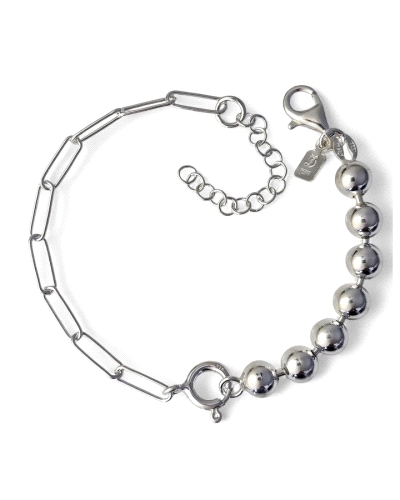Pulsera de plata de ley 925 combinada, con bolas ( 6mm ) y cadena forzada alargada ( 3mm ancho ) con reasa. Tiene 16 cm de largo