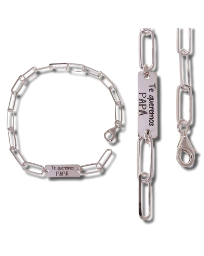 Pulsera de plata de ley 925 con cadena forzada alargada de 21.5 cm de largo con chapa ( 20mm x 6mm ) y mensaje " Te queremos pap
