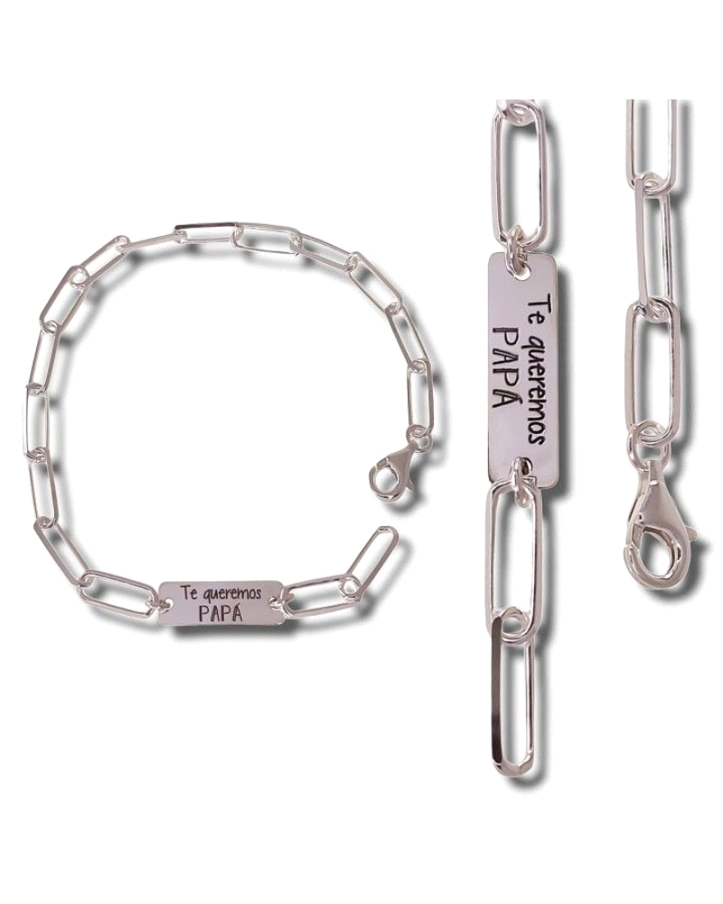 Pulsera de plata de ley 925 con cadena forzada alargada de 21.5 cm de largo con chapa ( 20mm x 6mm ) y mensaje " Te queremos pap