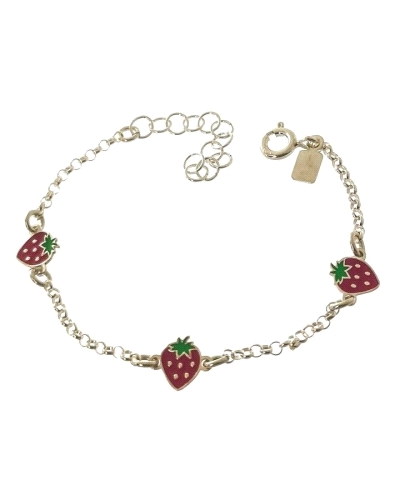 Pulsera de plata de ley 925 infantil con cadena de rolo de 13 cm de largo + cadena adaptable de 3 cm con motivo de fresas esmalt