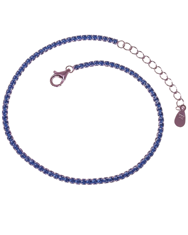 Pulsera de plata de ley 925 de 18 cm de largo ( 2 mm ancho )  más cadena adaptable de 3 cm con piedras circonitas de color azul 