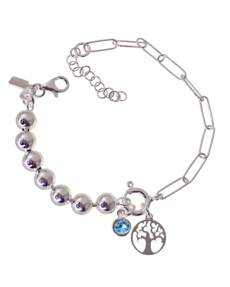 Pulsera de plata de ley 925 con cadena combinada con bolas ( 6mm ) y forzada alargada ( 3mm ) de 16 cm de largo + cadena adaptab