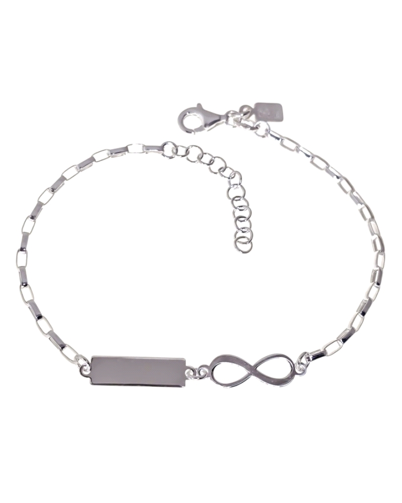 Pulsera de plata de ley 925 con cadena forzada ( 2mm ) de 17 cm largo + cadena adaptable de 2.5 cm con motivo del infinito ( 15m