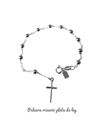 Pulsera de plata rosario con bolas de 4mm y cruz.