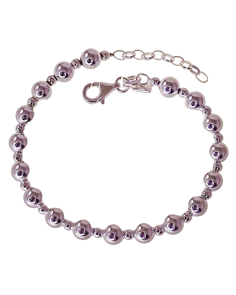 Pulsera de plata de ley 925 de 18 cm de largo + cadena adaptable de 2.5 cm con motivo de bolas (bolas de 6mm y bolas de 3mm).