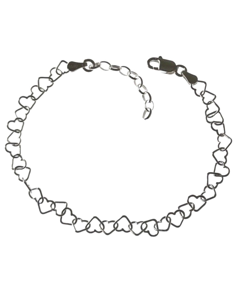 Pulsera de plata de ley 925 de corazones calados continuados de 5mm, de 17 cm largo + cadena adaptable de 3 cm.