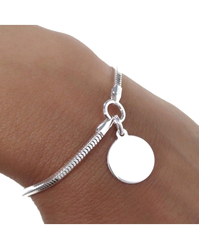Pulsera de plata de ley 925 cola de topo lapidada de 18 cm de largo + cadena adaptable de 2 cm con motivo de disco de 14 mm.