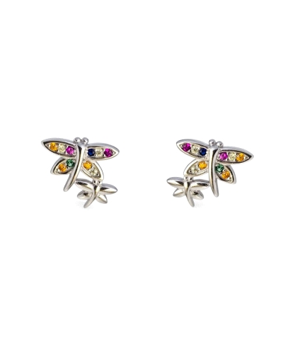 Pendiente de plata de ley 925 rodiado con mariposas ( 10mm y 6mm ) y con piedras de microengaste de diferentes colores, además d