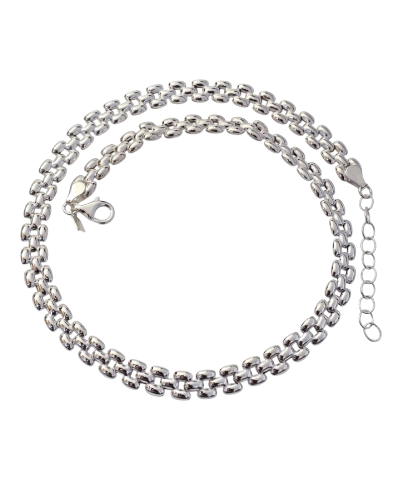 Gargantilla de plata de ley 925 tipo Pánter ( 8mm ancho ) de 42 cm de largo + cadena adaptable de 4cm.