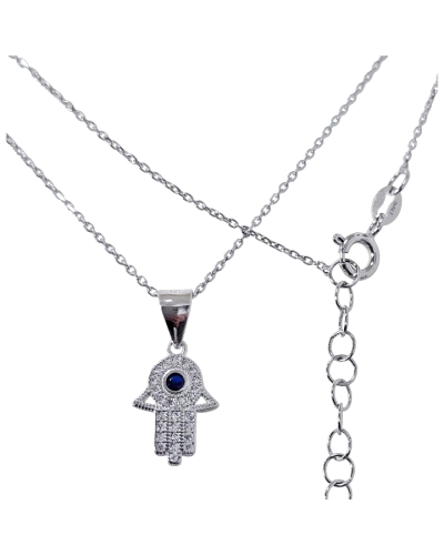 Gargantilla de plata de ley 925 rodiada con cadena de 42 cm de largo + cadena adaptable de 2.5 cm con motivo de la Mano de Fátim