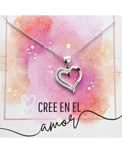 Gargantilla con cadena de rodio de 42 cm de largo + cadena adaptable de 2.5 cm con motivo colgante de corazón ( 16mm ) , con pie