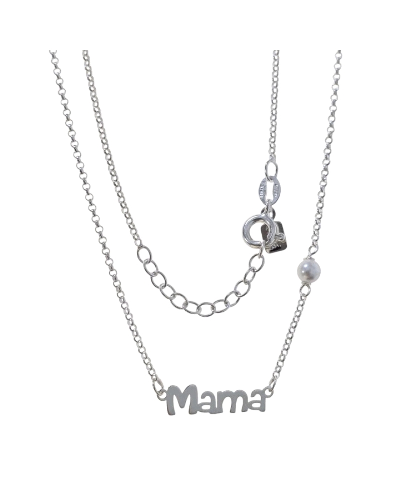 Gargantilla de plata de ley 925 con cadena de rolo de 43 cm de largo + cadena adaptable de 2 cm, con motivo de mamá de 1.6 cm de