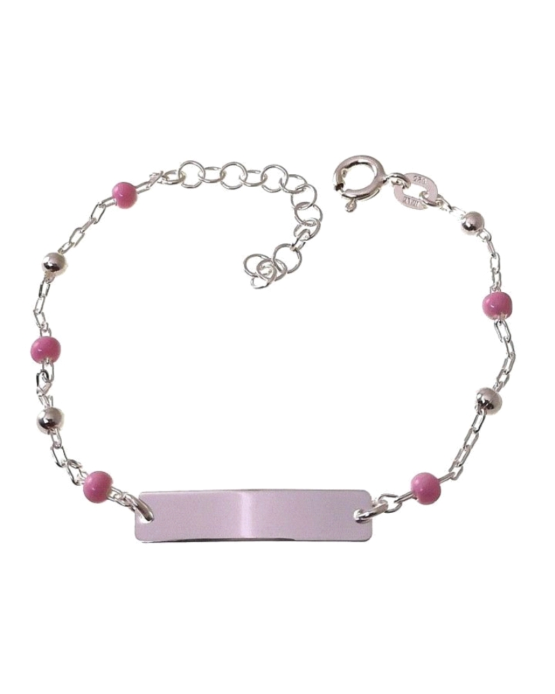 Esclava para niña de plata con bolitas esmaltadas en color rosa.
