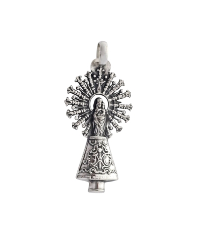 Colgante de medalla de plata de ley oxidada de la Virgen del Pilar, 3.5 cm de largo.